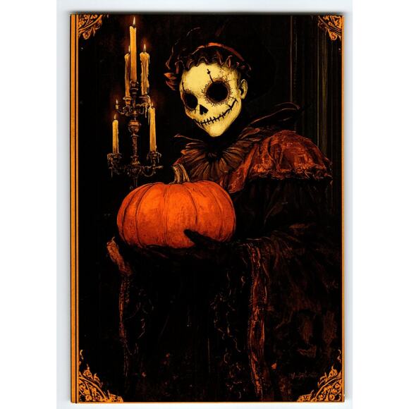 Vintage Halloween Photochrome Postcard Skeleton Holding Pumpkin 5.5x4" - Picture 1 of 2